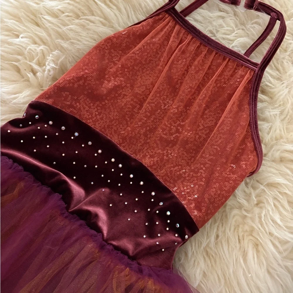 Glittering Burgundy and Orange Kids Dance Costume